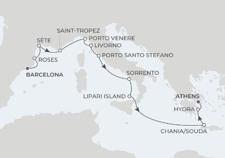 12-Night Barcelona To Athens 7/28/25 Itinerary Map